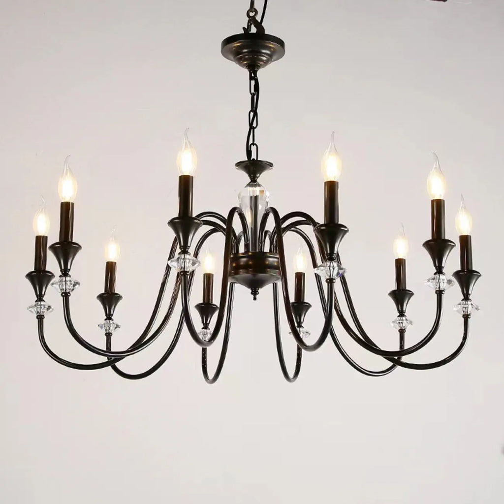 Vintage Black Metal Candlestick Crystal Chandelier