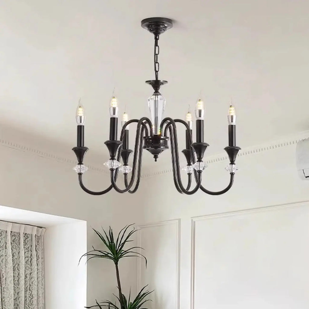 Vintage Black Metal Candlestick Crystal Chandelier