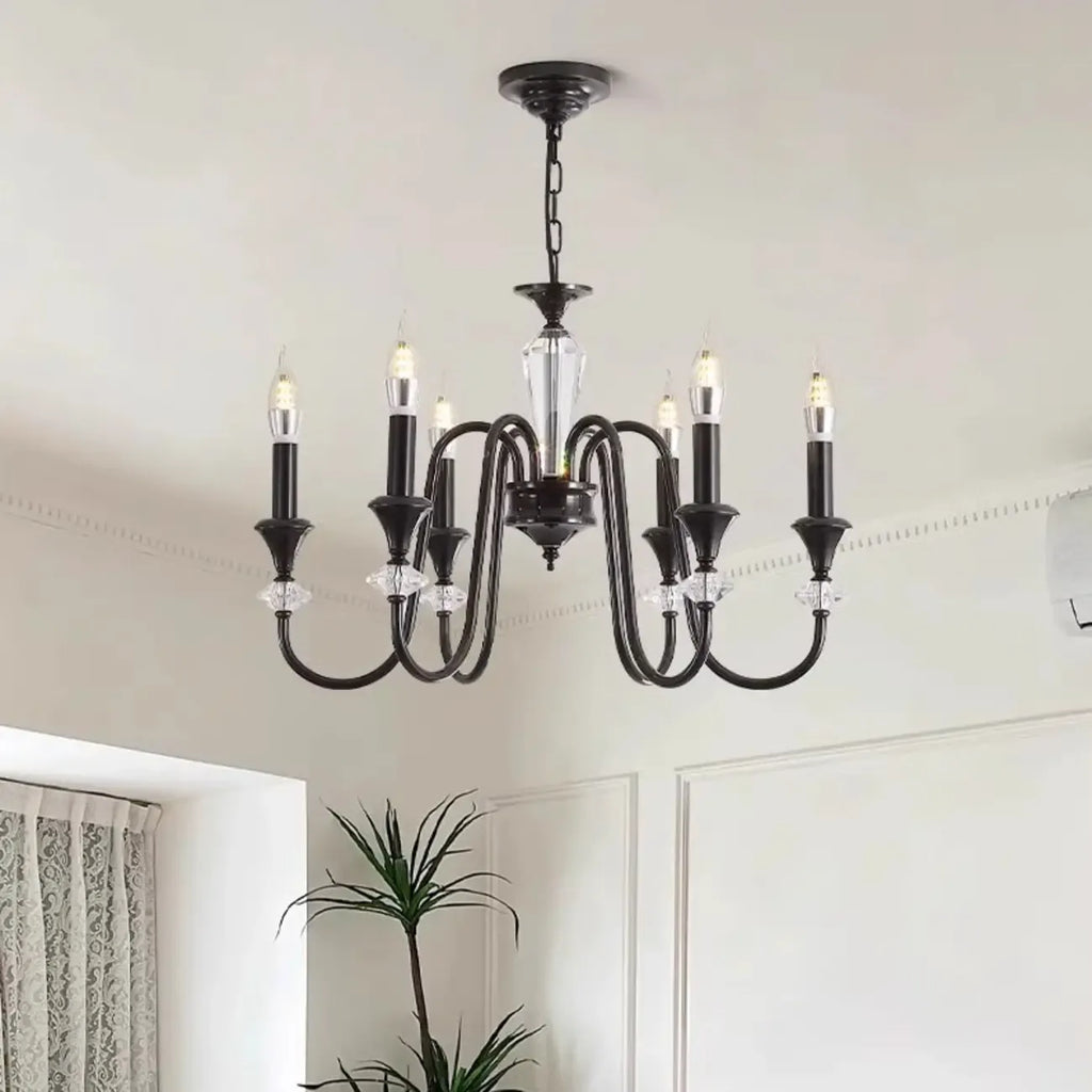 Vintage Black Metal Candlestick Crystal Chandelier