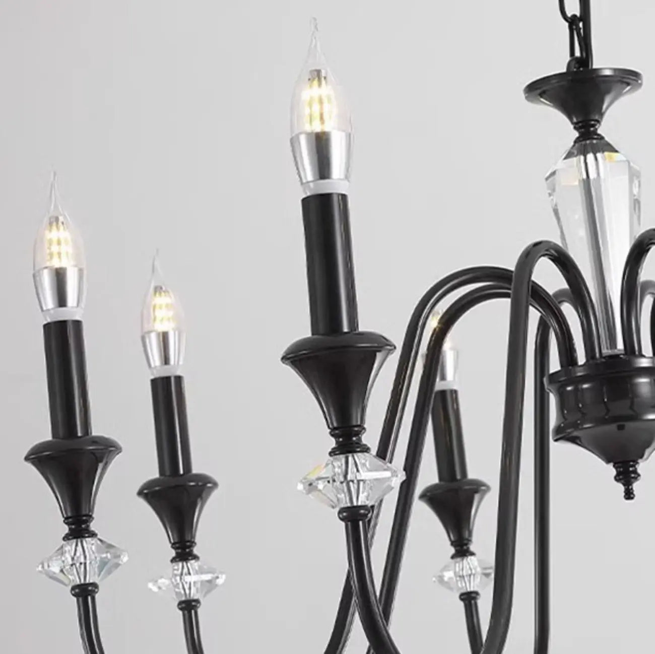 Vintage Black Metal Candlestick Crystal Chandelier