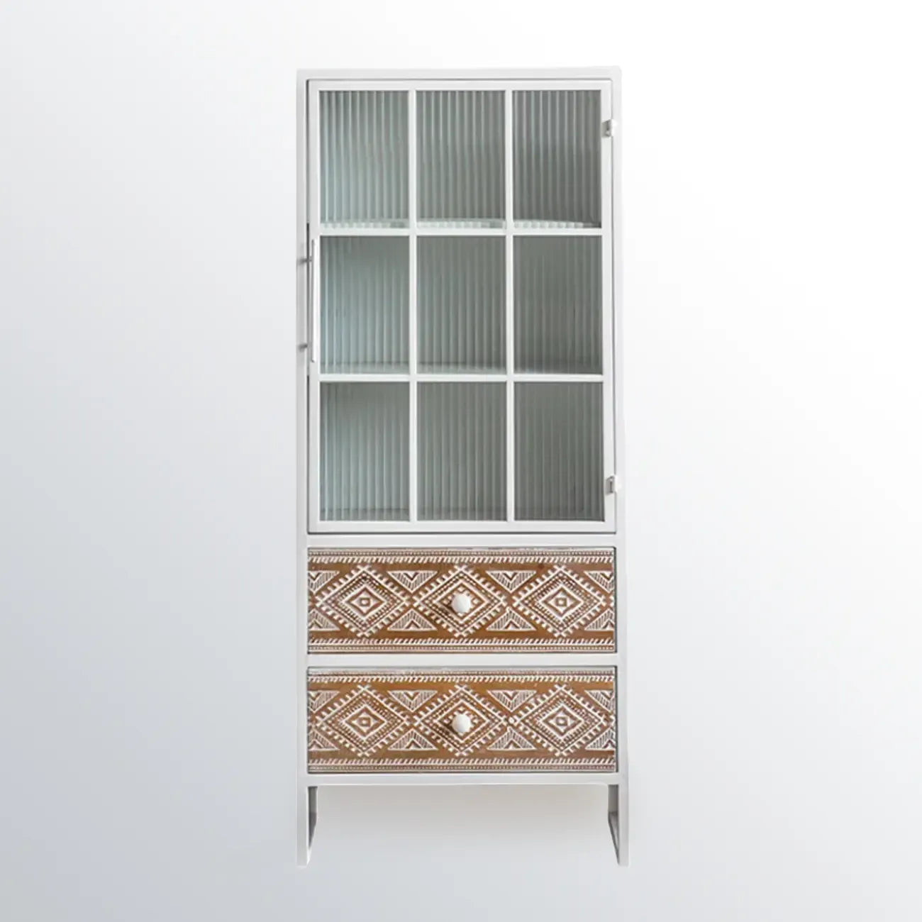 Bohemian White Accent Cabinet with Glass Door & Drawers