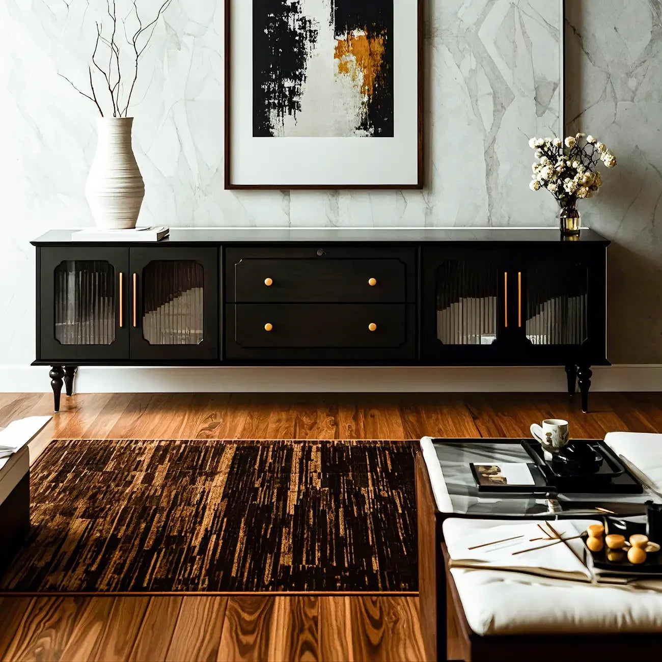 Elegant Black Wooden TV Stand with Drawers and Cabinets