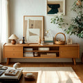 Scandinavian Cherry Wood Open Shelf TV Stand with Legs