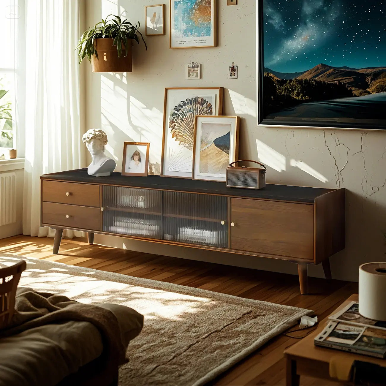 Scandinavian Cherry Wood Open Shelf TV Stand with Legs