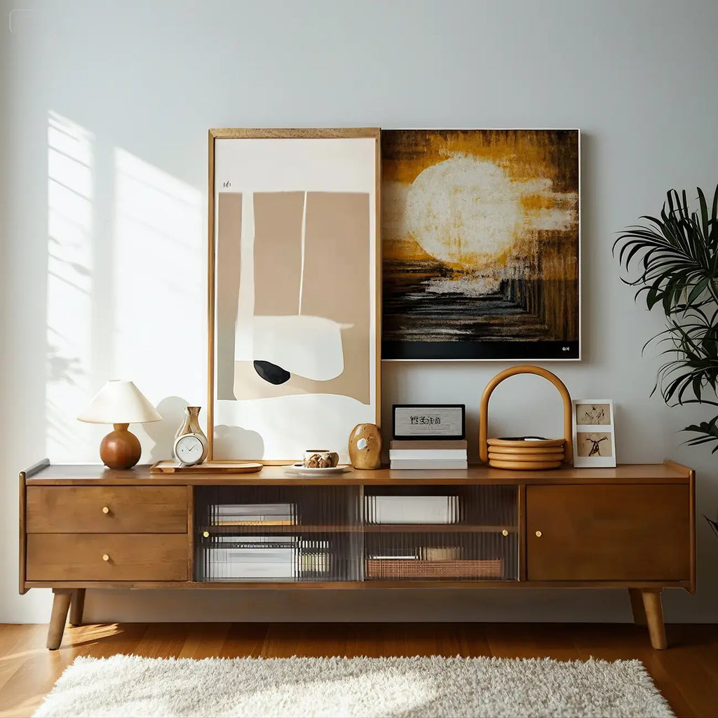 Scandinavian Cherry Wood Open Shelf TV Stand with Legs