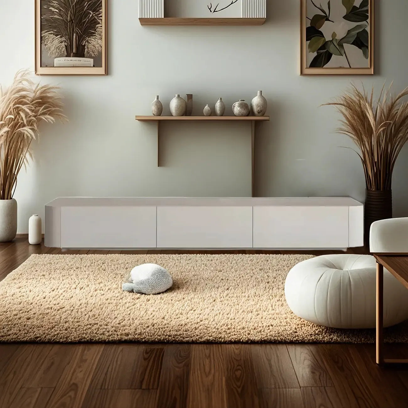 Minimalist White Wooden TV Stand with Ample Cable Management