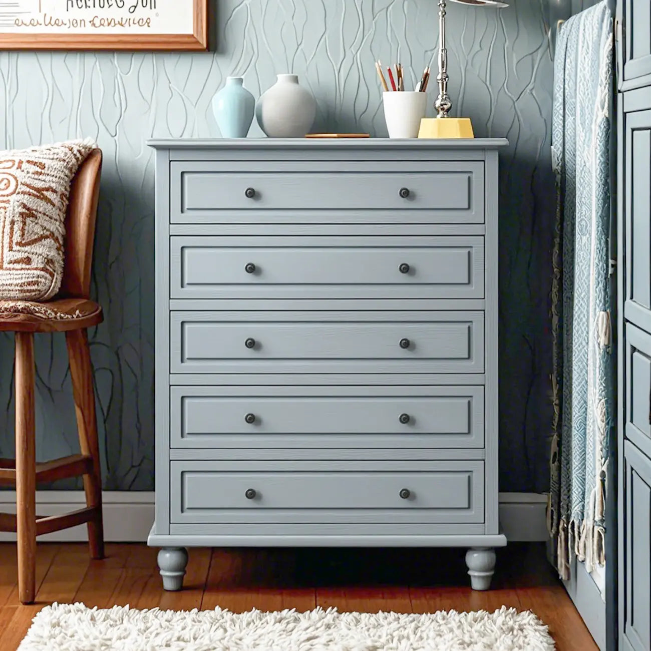 American Country Lacquered Finish Ash Wood 5-Drawer Chest