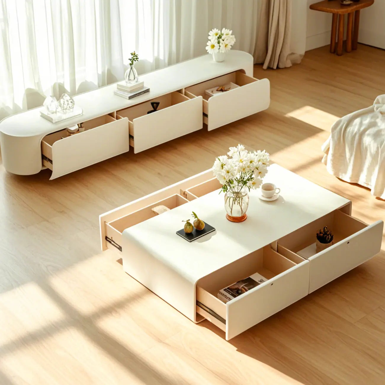Chic Minimalist Rectangular White Coffee Table with 4 Drawers