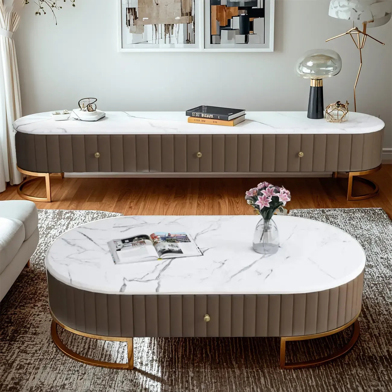 Modern Faux Marble TV Stand with Drawers for Living Room