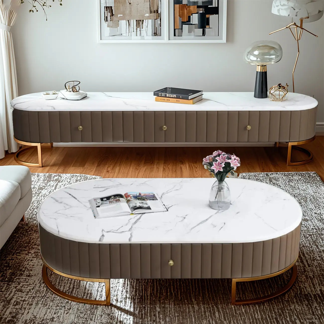 Modern Faux Marble TV Stand with Drawers for Living Room