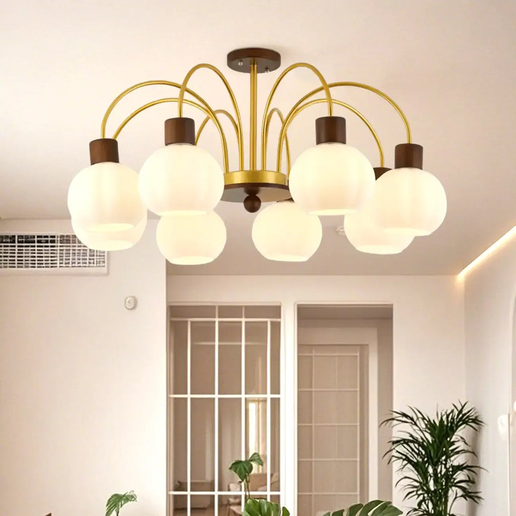 Gold Arch Wood Accent White Glass Orb Chandelier