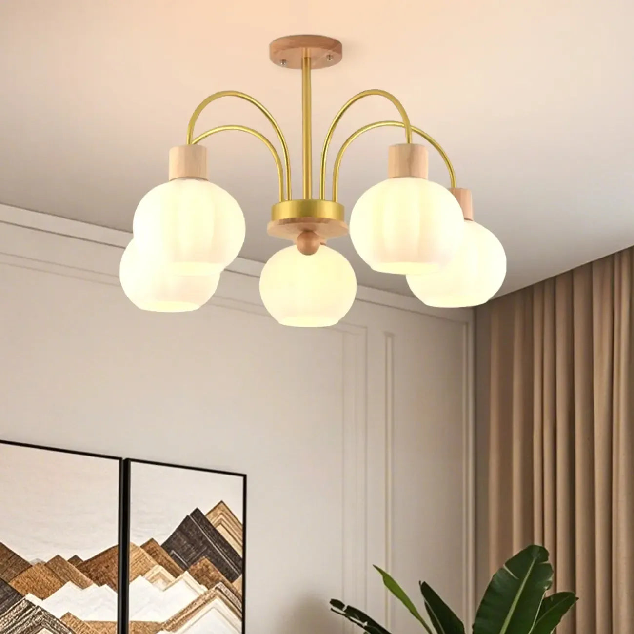 Gold Arch Wood Accent White Glass Orb Chandelier