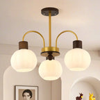 Gold Arch Wood Accent White Glass Orb Chandelier