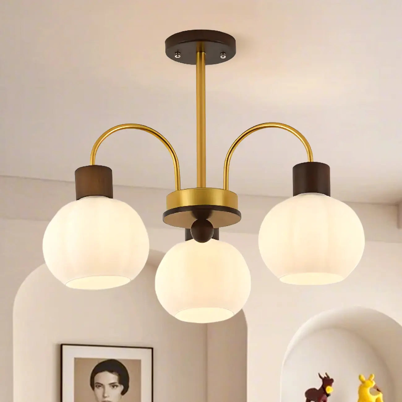 Gold Arch Wood Accent White Glass Orb Chandelier