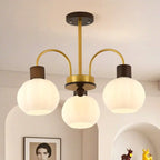 Gold Arch Wood Accent White Glass Orb Chandelier