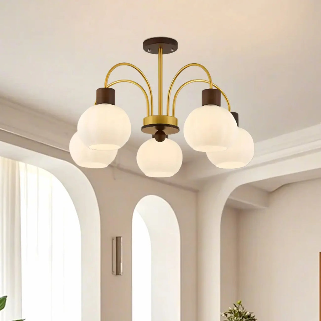 Gold Arch Wood Accent White Glass Orb Chandelier