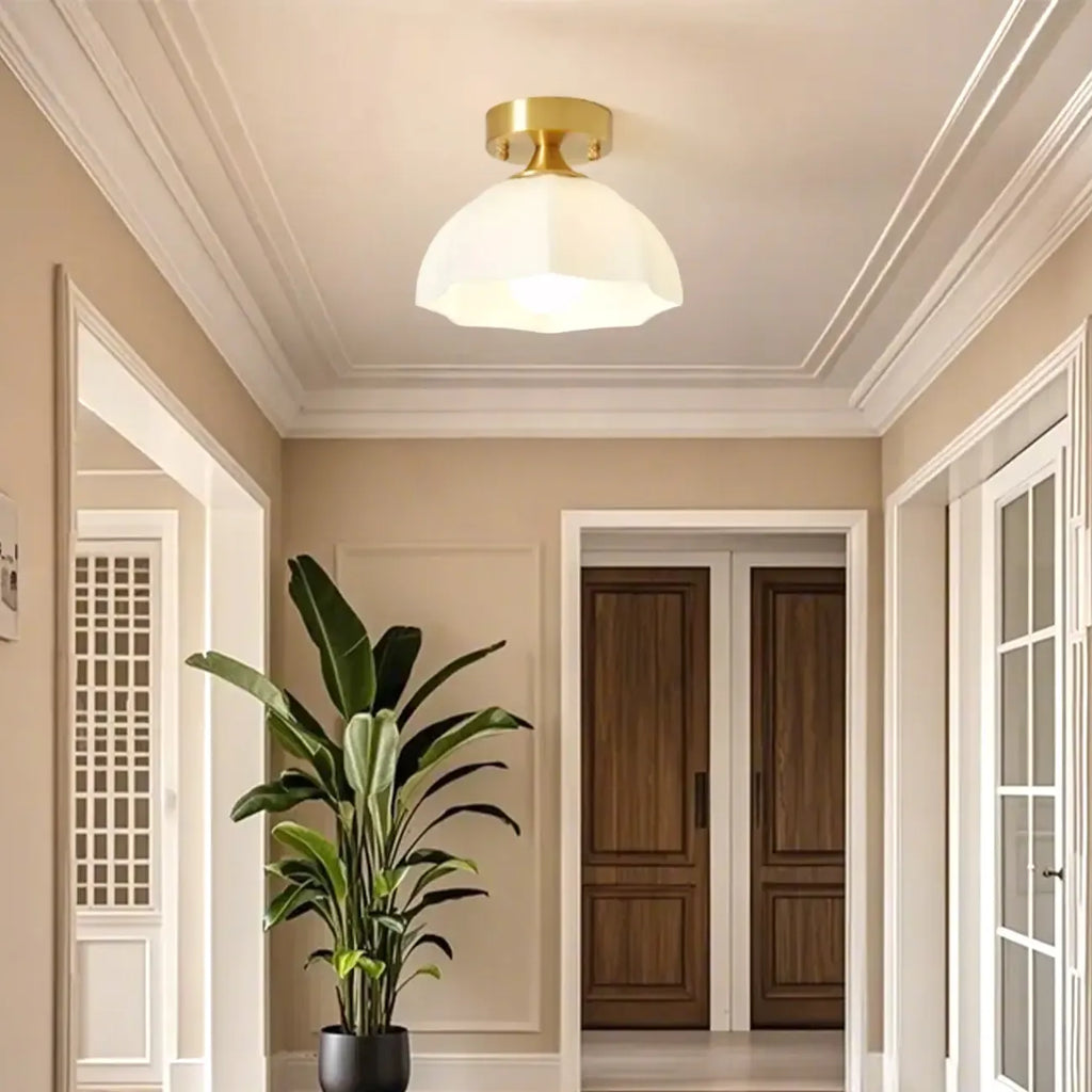 White Floral Glass Golden Semi Flush Ceiling Light