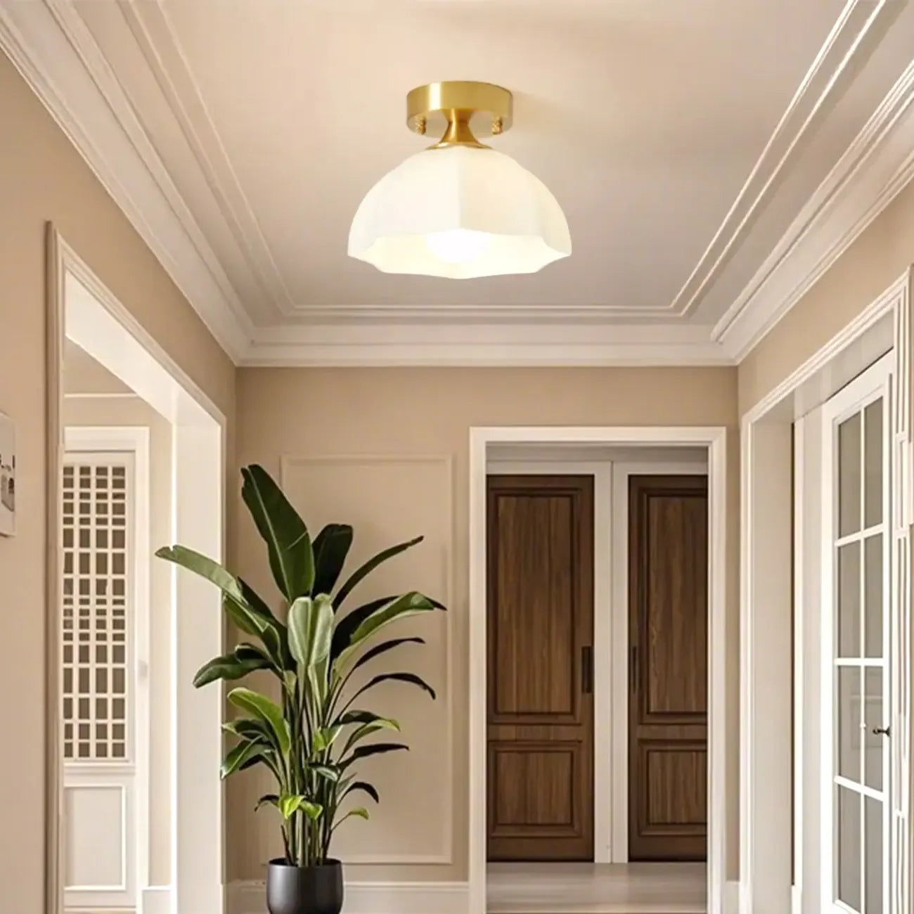 White Floral Glass Golden Semi Flush Ceiling Light