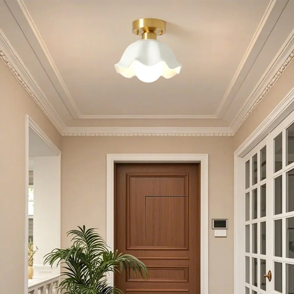 White Floral Glass Golden Semi Flush Ceiling Light