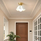 White Floral Glass Golden Semi Flush Ceiling Light