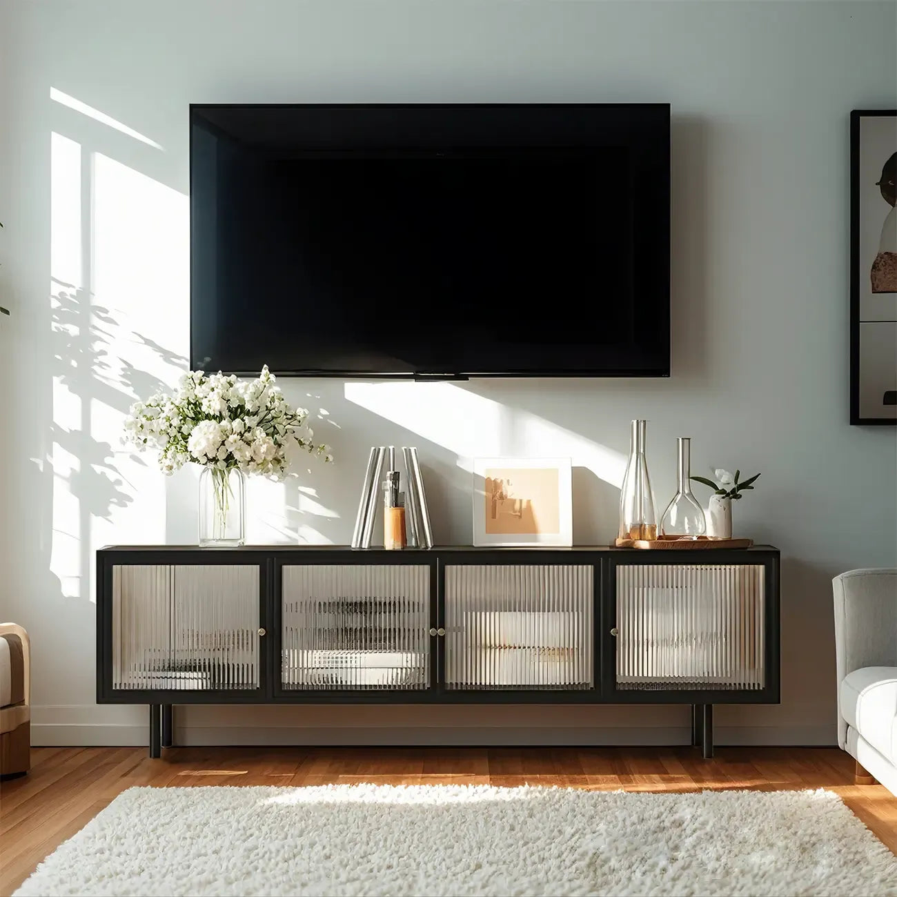 Industrial Black Glass Dooor Metal Shelf Cabinet TV Stand