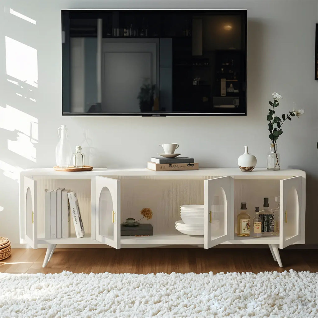 Industrial Black Glass Dooor Metal Shelf Cabinet TV Stand