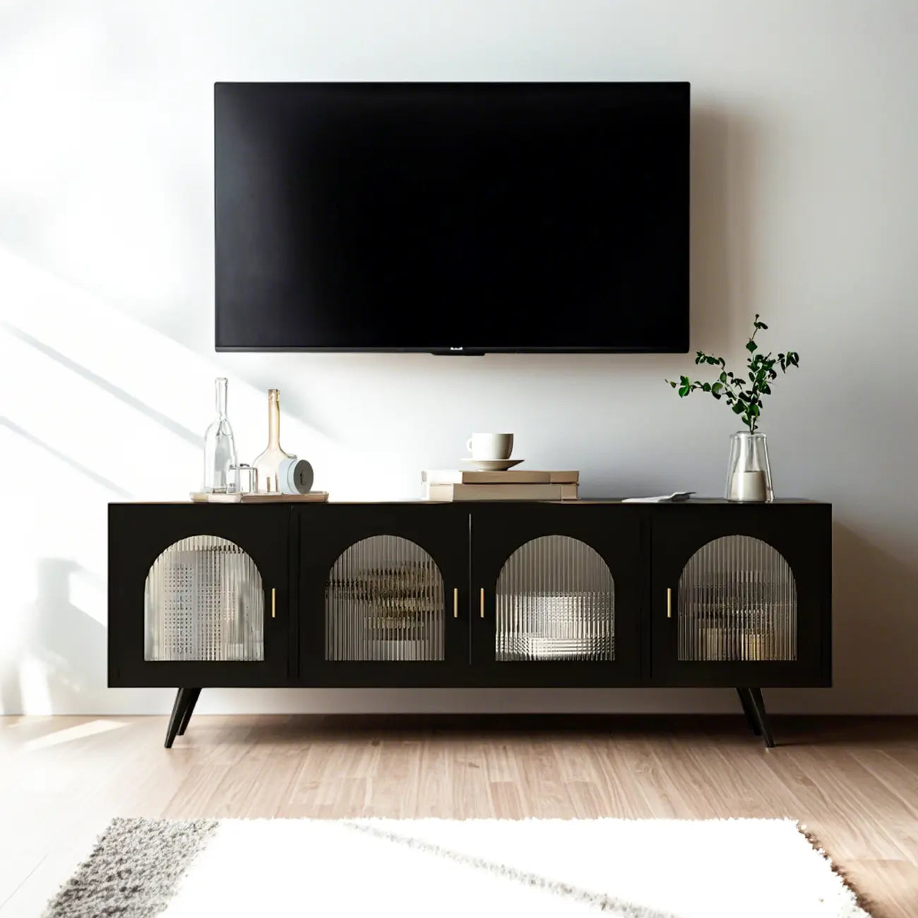 Industrial Black Glass Dooor Metal Shelf Cabinet TV Stand