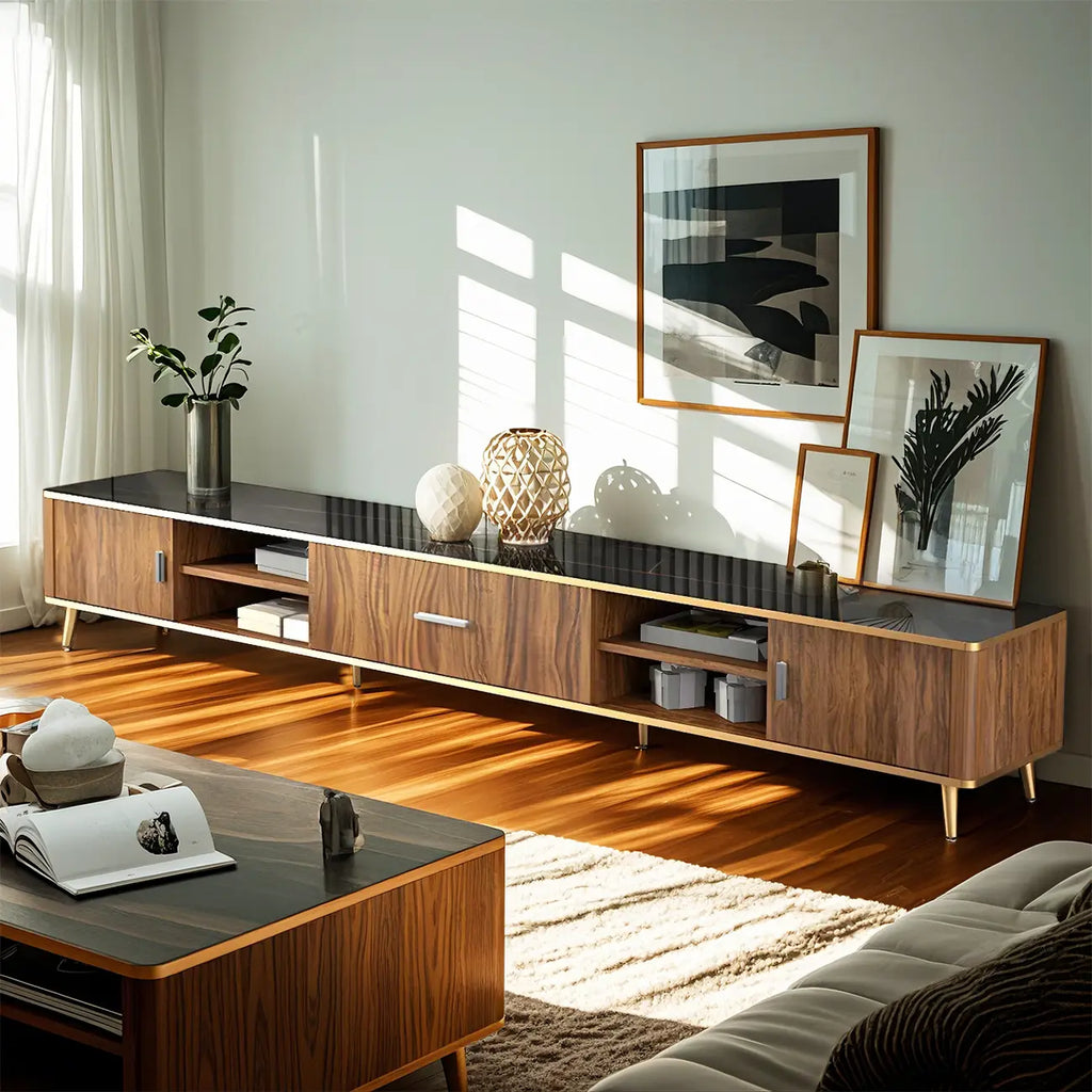 87 Glam Brown Stone Top Solid Wood Open Shelf TV Stand