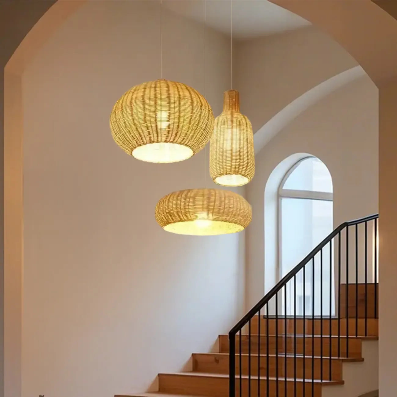 Wabi-Sabi Style Rattan Round Lantern Pendant Lamp for Living room