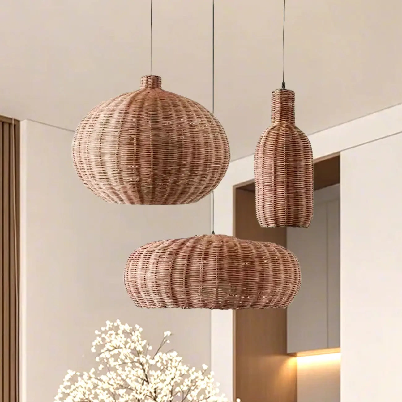 Wabi-Sabi Style Rattan Round Lantern Pendant Lamp for Living room
