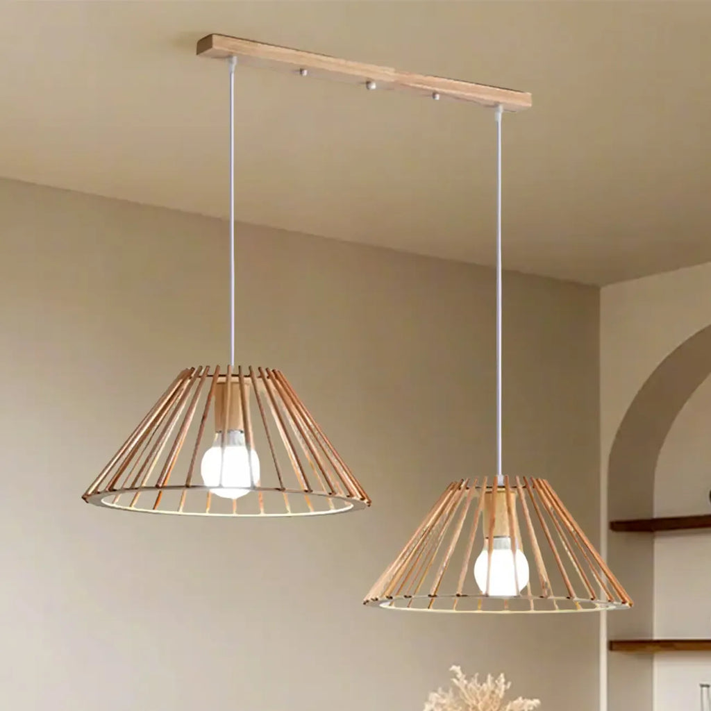 2 Light Natural Wood Polygonal Pendant Light for Kitchen
