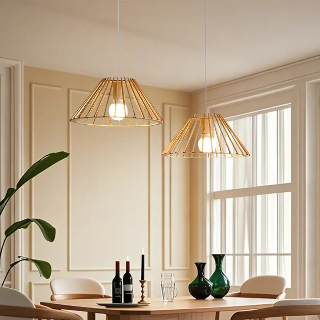 2 Light Natural Wood Polygonal Pendant Light for Kitchen