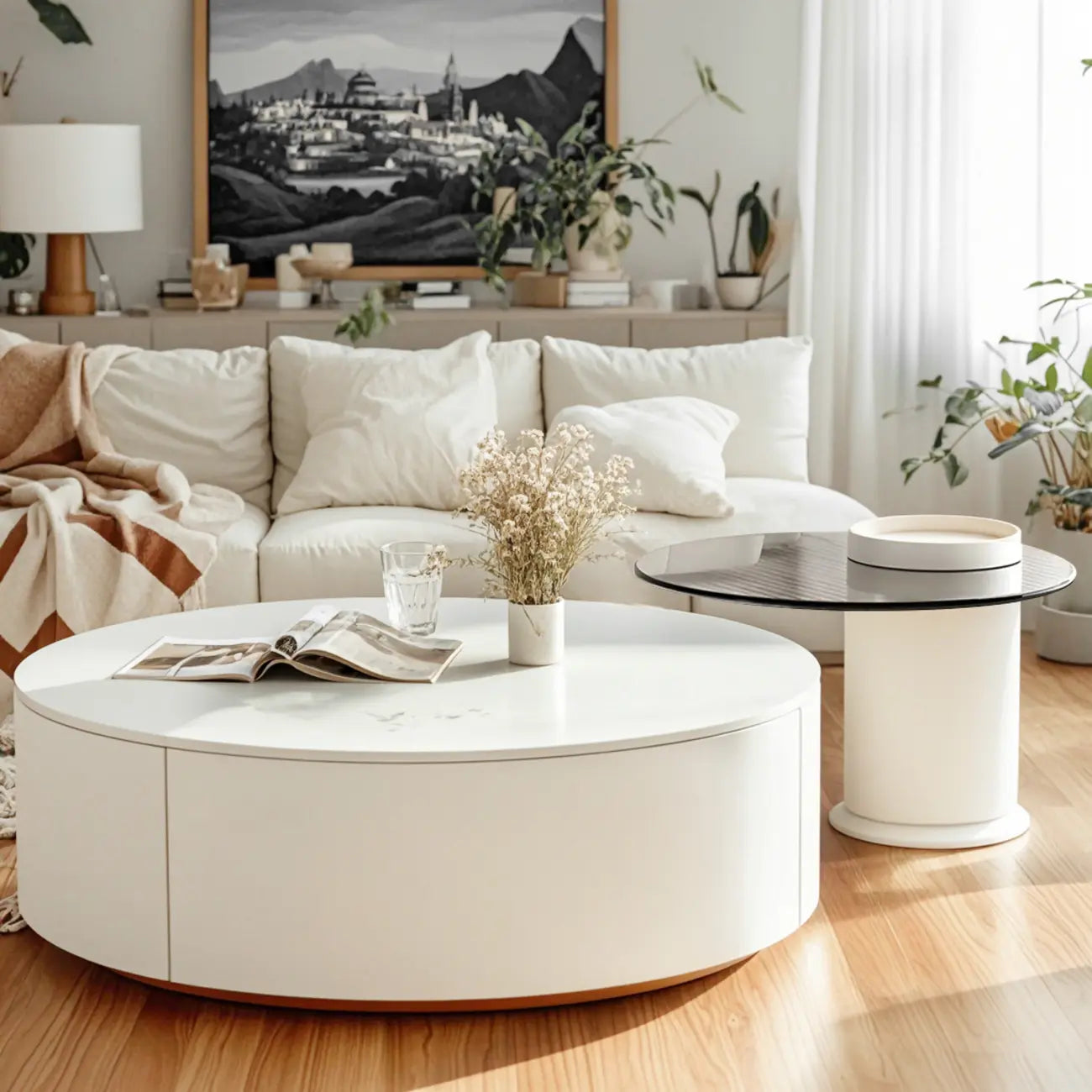 Slate Top White Round Modern Wood Drawer Coffee Table