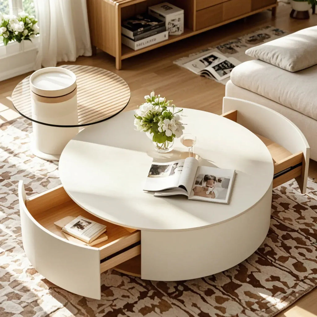 Slate Top White Round Modern Wood Drawer Coffee Table