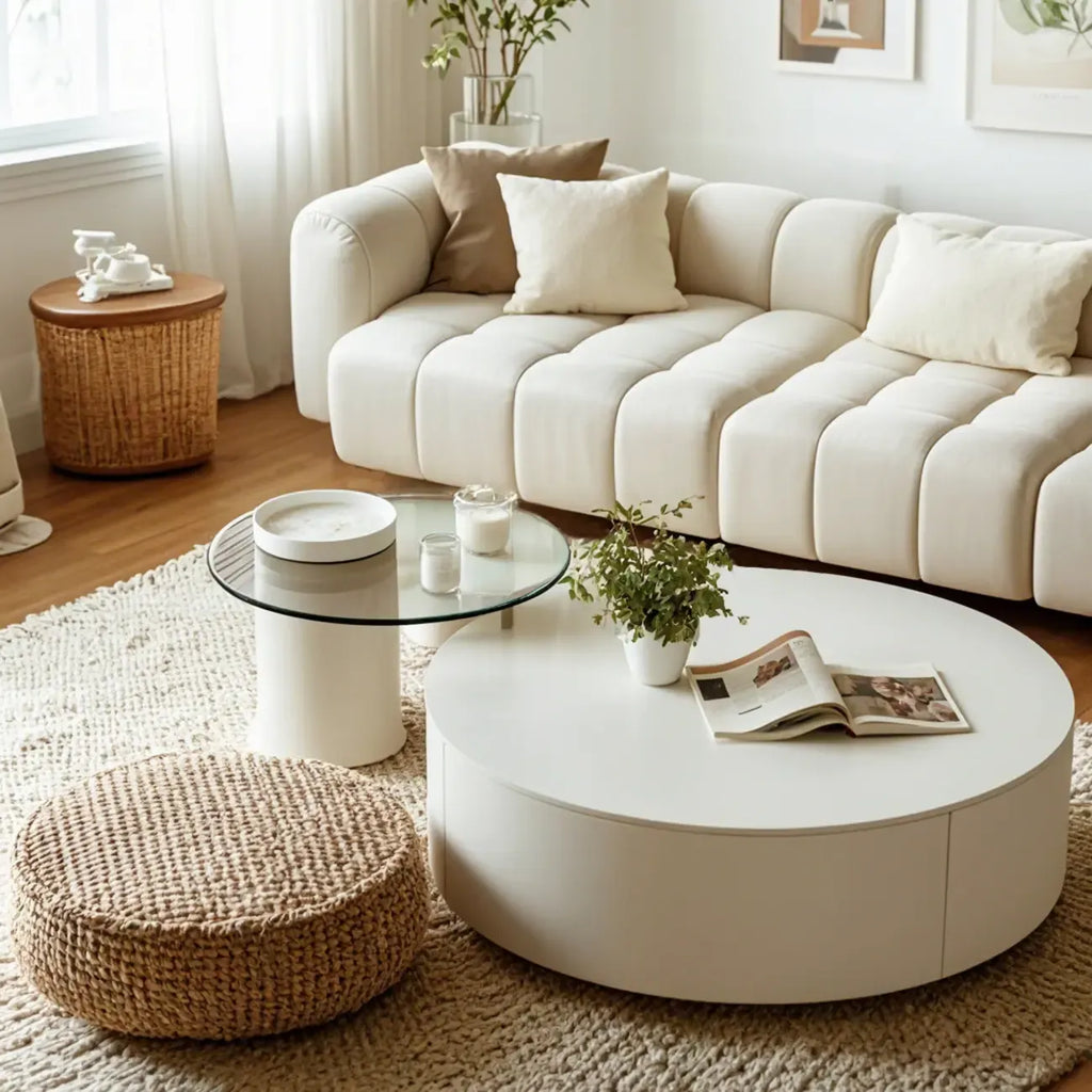 Slate Top White Round Modern Wood Drawer Coffee Table
