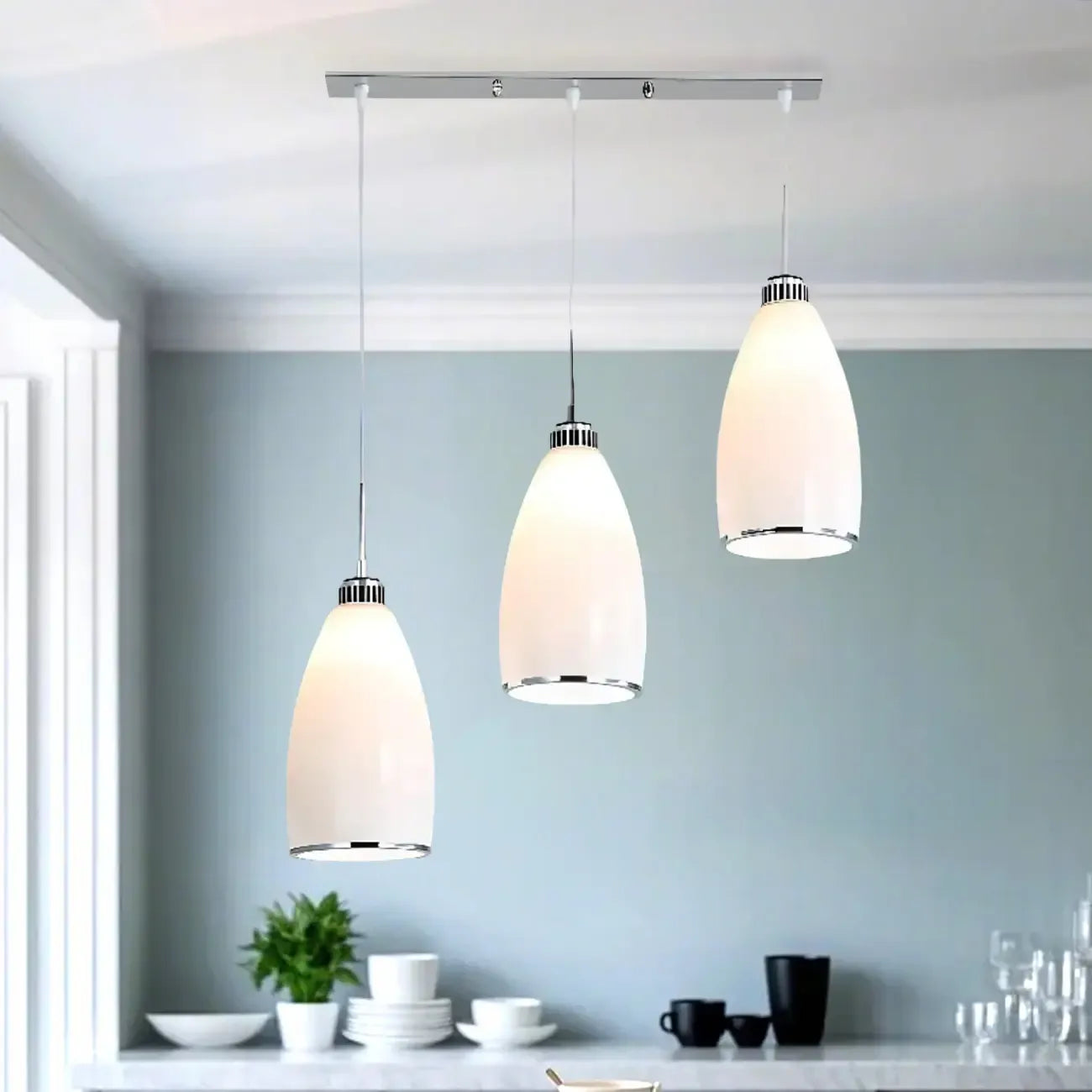 Simple White Vitreous 3 Lights Island Pendant Light for Kitchen