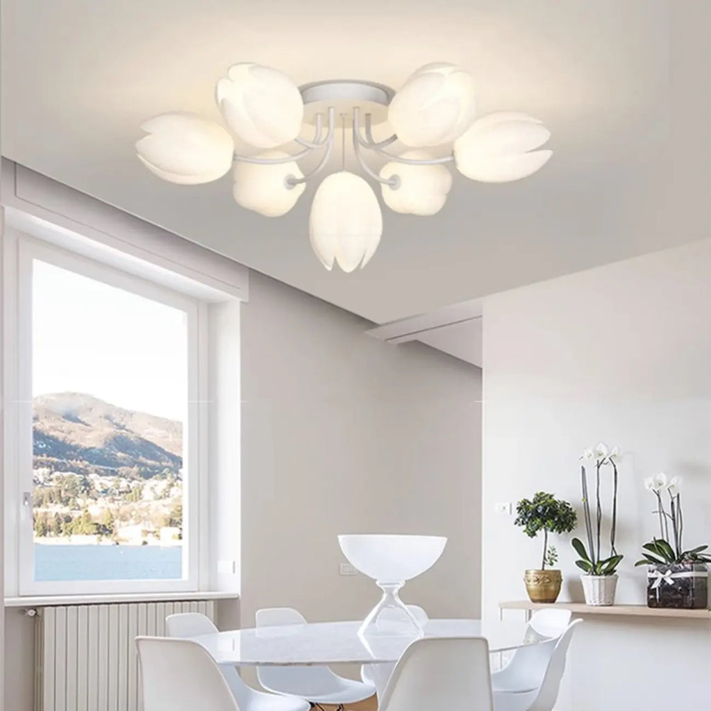 Minimalist Resin White Flower Semi Flush Mount Ceiling Light