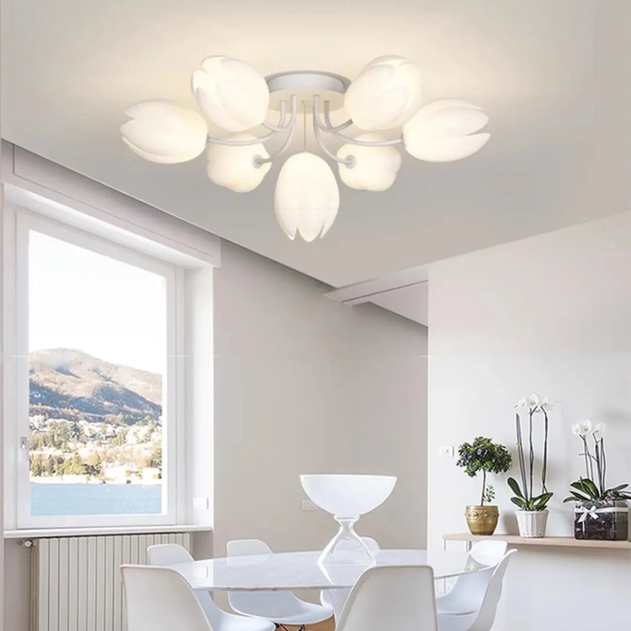 Minimalist Resin White Flower Semi Flush Mount Ceiling Light