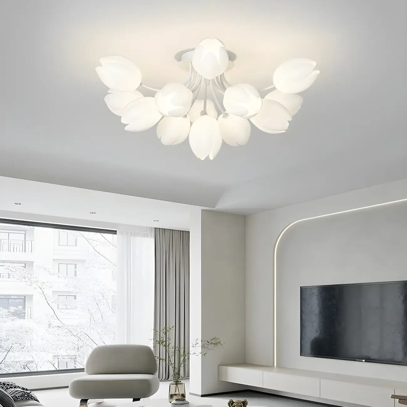 Minimalist Resin White Flower Semi Flush Mount Ceiling Light