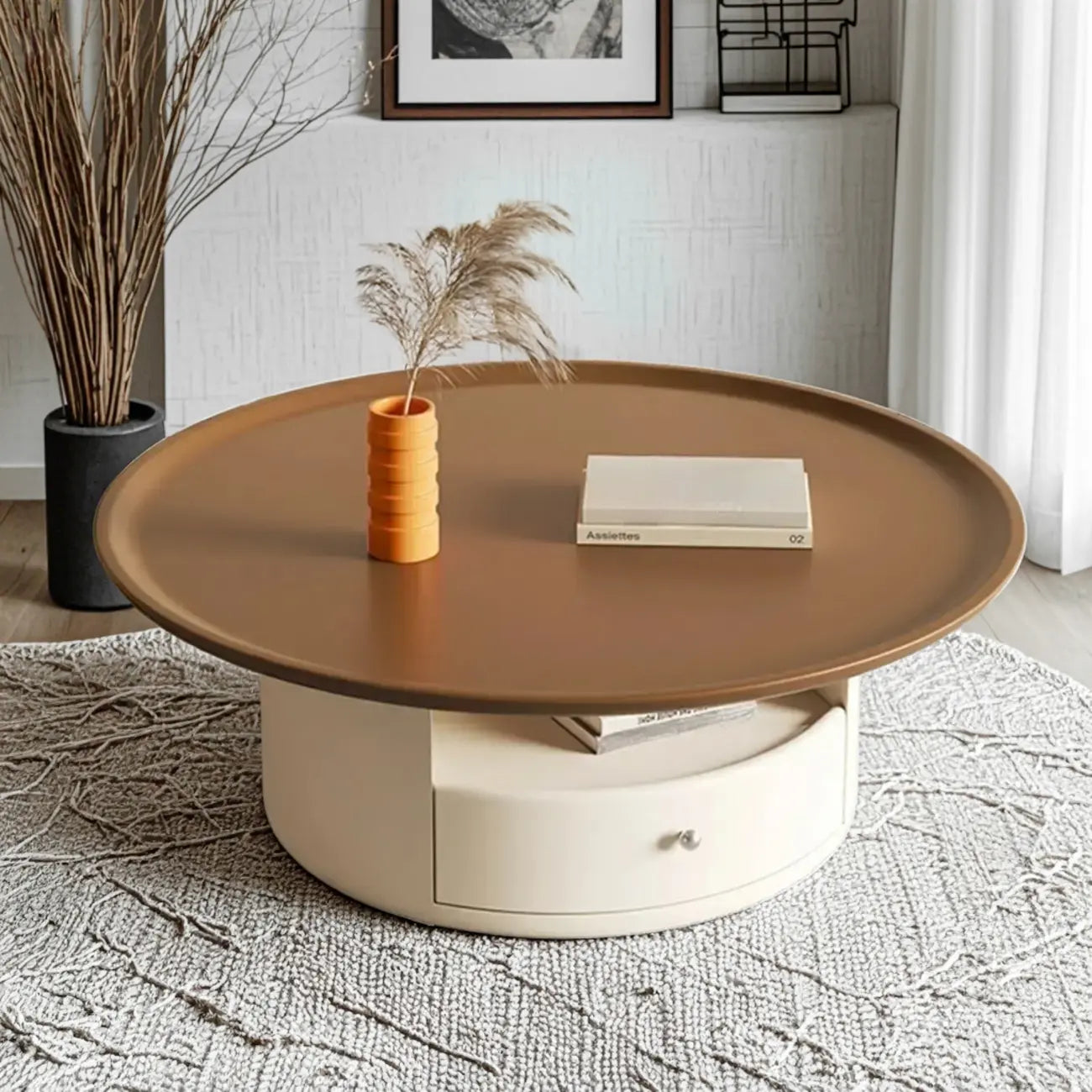 White Round Modern Wood Coffee Table with Storage