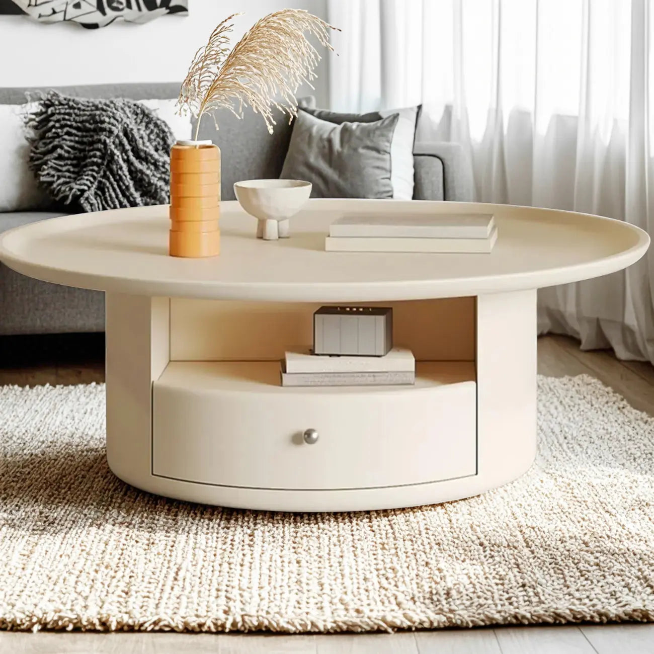White Round Modern Wood Coffee Table with Storage