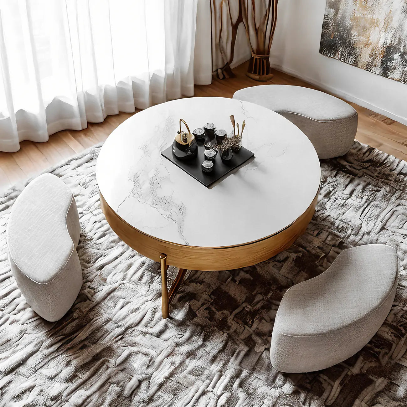 Natural Round Lift-Top Stone Wood Coffee Table with Storage