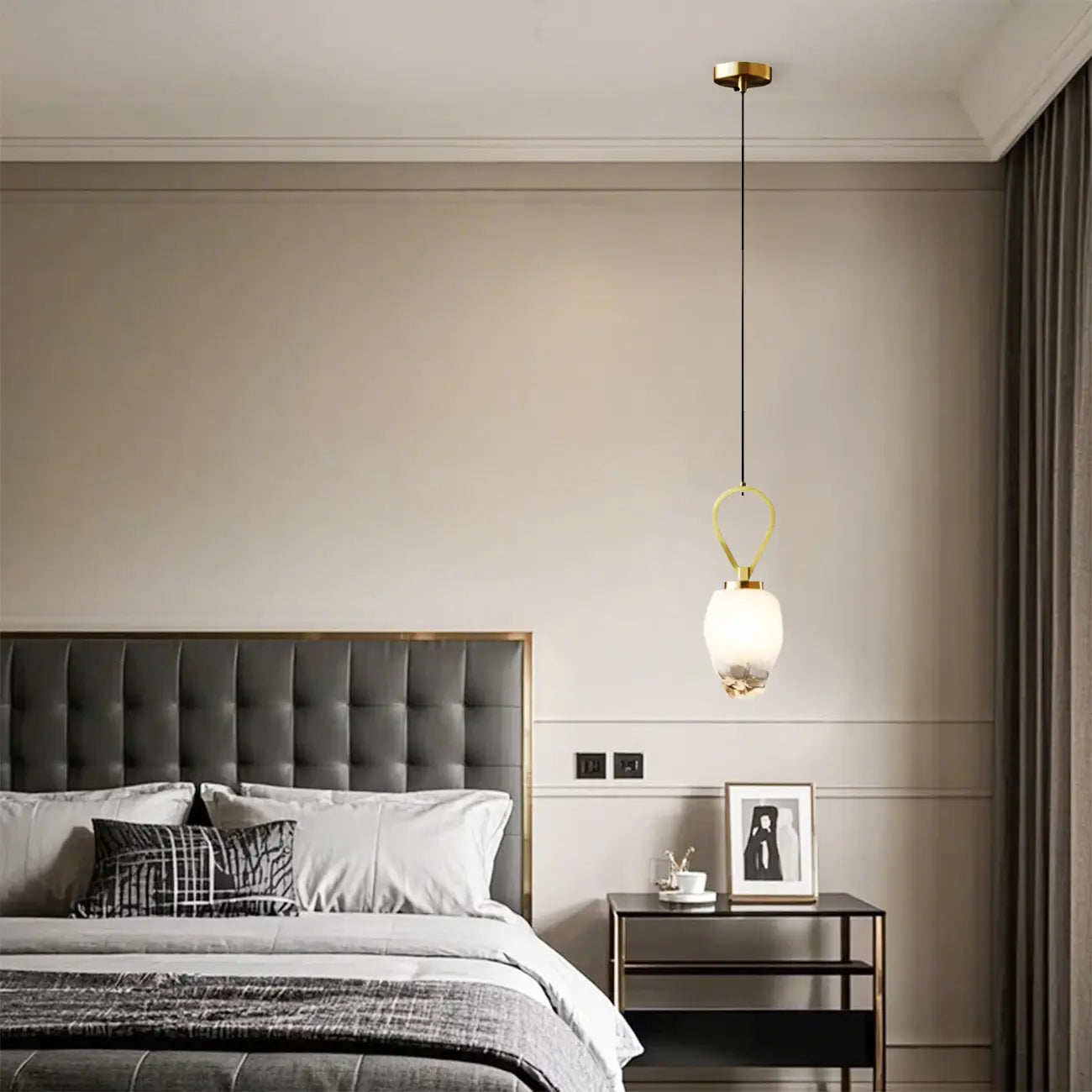 White Glass Pendant Light with Long Cord for Bedside