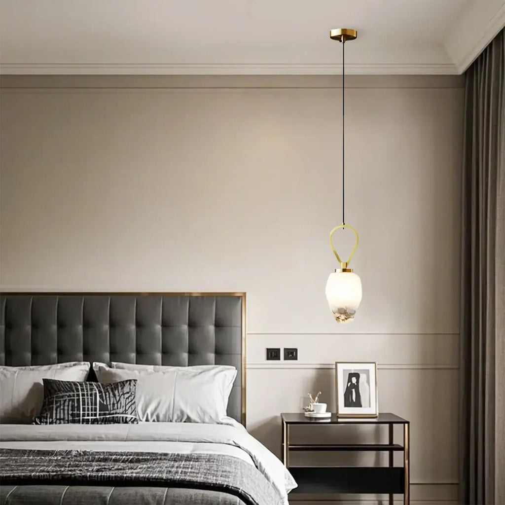 White Glass Pendant Light with Long Cord for Bedside