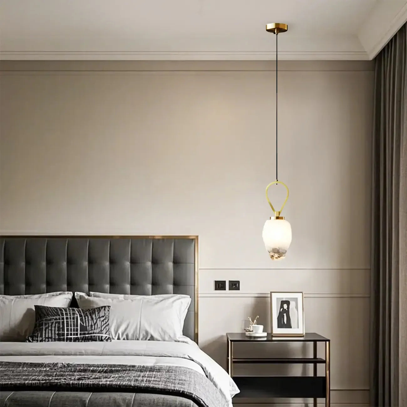 White Glass Pendant Light with Long Cord for Bedside