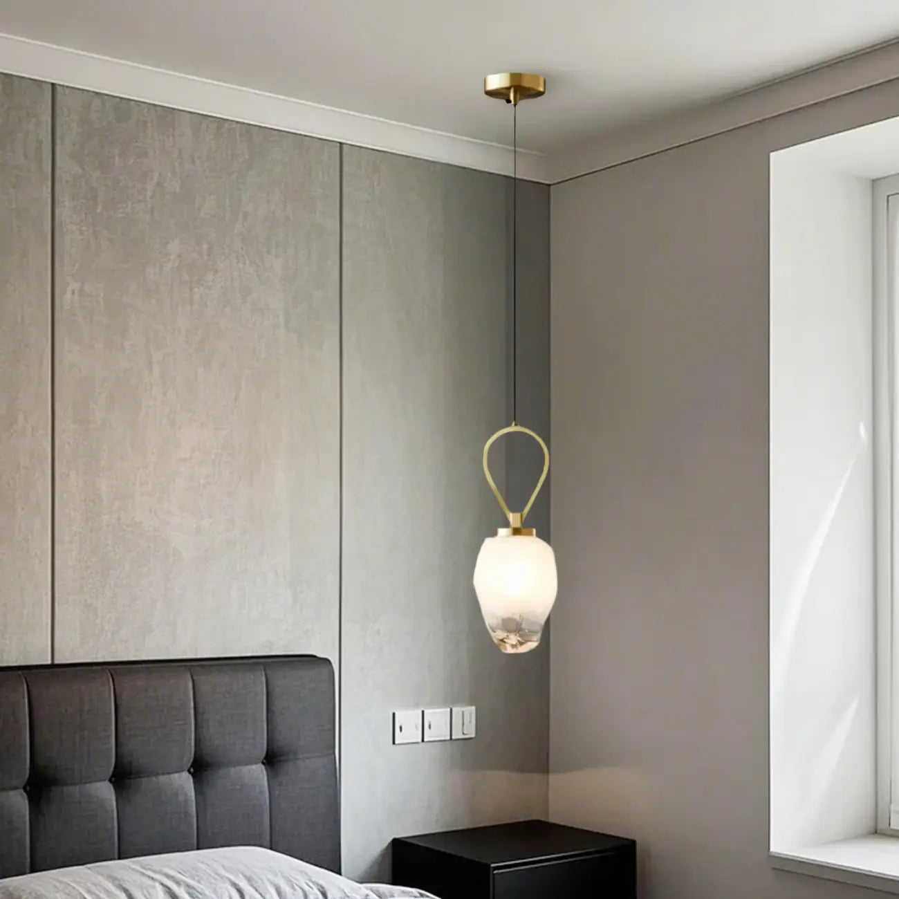 White Glass Pendant Light with Long Cord for Bedside