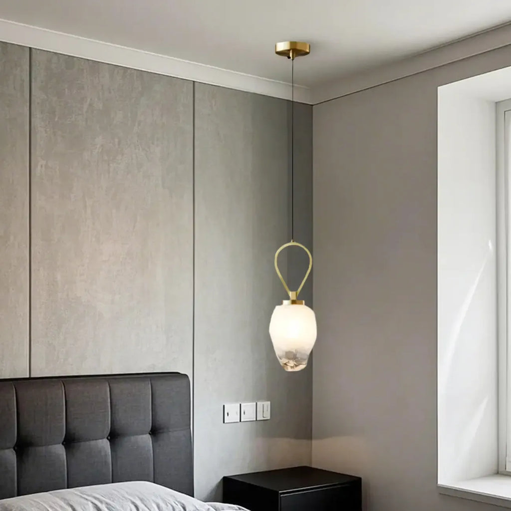 White Glass Pendant Light with Long Cord for Bedside