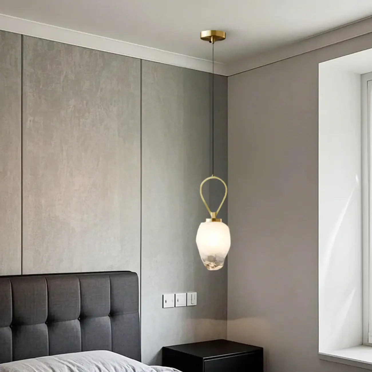White Glass Pendant Light with Long Cord for Bedside