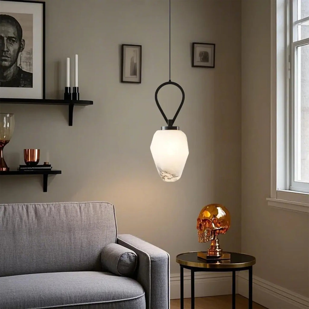White Glass Pendant Light with Long Cord for Bedside