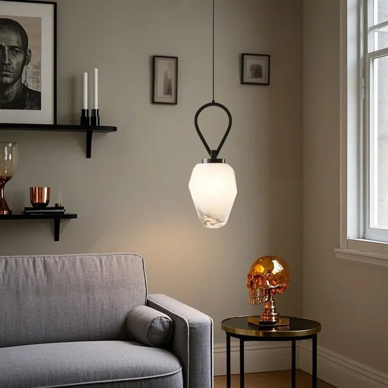 White Glass Pendant Light with Long Cord for Bedside